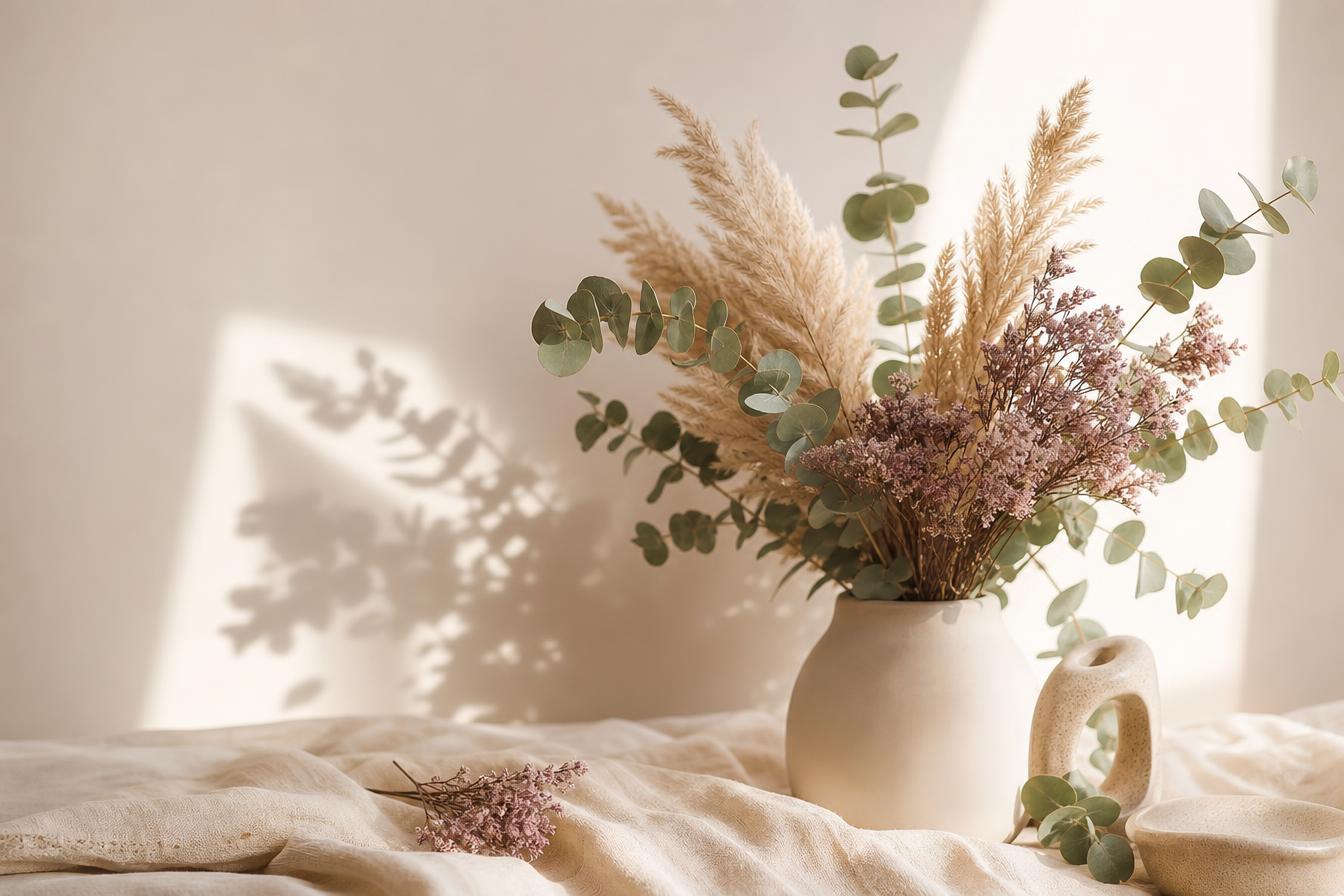 A serene botanical arrangement of sage eucalyptus, pampas grass, and mauve dried flowers in soft natural light